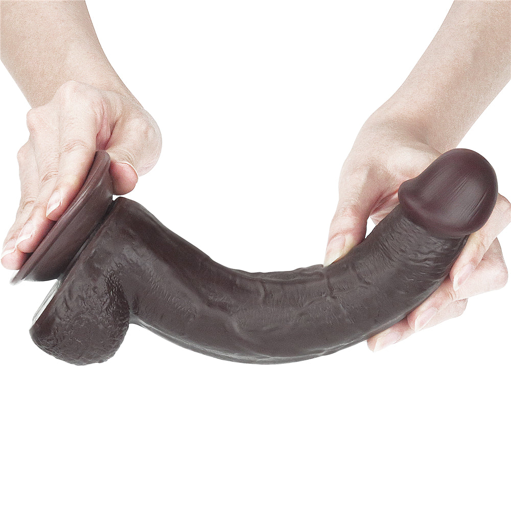 Dildo realistico nero con texture sliding skin, su sfondo bianco