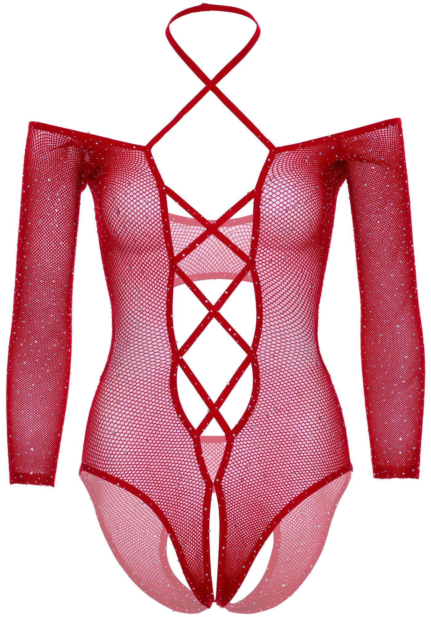 Body sexy crotchless teddy with halter rosso taglia unica Accessori