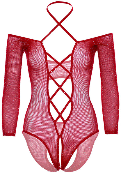 Body sexy crotchless teddy with halter rosso taglia unica Accessori